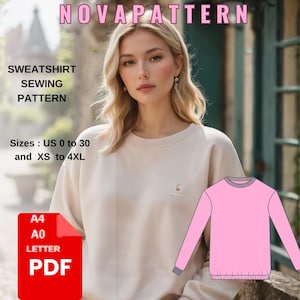 May include: A pink sweatshirt sewing pattern for sizes US 0 to 30 and XS to 4XL. The pattern is available in A4, A0, and Letter sizes in PDF format.