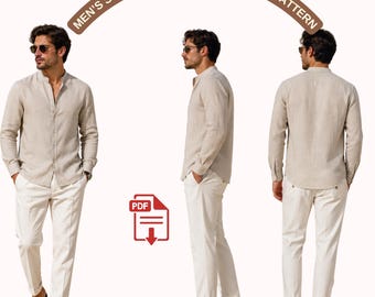 Men’s Stand Collar Shirt Sewing Pattern | Mandarin Collar Shirt PDF | Casual Button Up Shirt Pattern | Minimalist Linen Shirt DIY