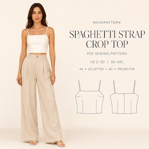 May include: A white spaghetti strap crop top PDF sewing pattern by NOVAPATTERN. The design includes sizes US 2-30 and XS-4XL, with formats for A4, US Letter, A0, and projector. The image displays a technical line drawing of the top's front and back.