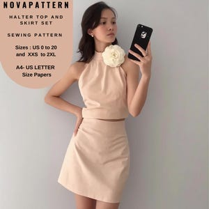 Conjunto de blusa con cuello fruncido y minifalda Aline de verano Patrón, adecuado para tallas A0-A4-US Carta // Tallas de mujer; US 2 a 30 // XS a 4XL