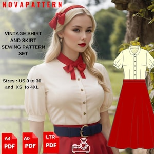 Może przedstawiać: Wzór szycia na vintage zestaw koszuli i spódnicy. Wzór obejmuje rozmiary US 0-30 i XS-4XL. Wzór jest dostępny w formatach PDF A4, A0 i LTR.