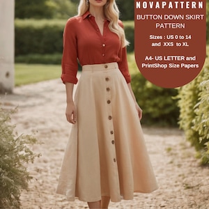 Cottagecore Vintage Midi Flare Skirt Pattern,Suitable for A0, A4 US Letter-Ladies Size : US 2 to 14 (XS to Xl)