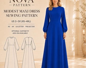 Patron de couture pour robe maxi modeste | Robe élégante à manches longues (Téléchargement PDF)