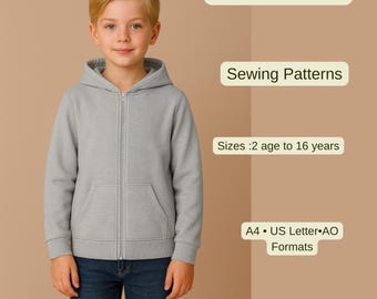 Kids Zip Up Hoodie Sewing Pattern, Boys & Girls Sweatshirt PDF, Children’s Zip Hoodie Pattern A0 A4 US Letter, Ages 2–16 Years