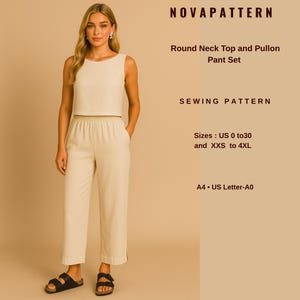Round Neck Top and Pull-On Pant Set Sewing Pattern | Two Piece Lounge Outfit PDF | Casual Linen Set for Women | Easy Sewing Pattern