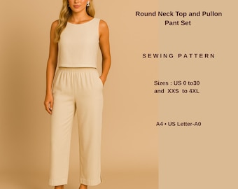 Linen Top And Elastic Pants Set  Sewing Pattern,Linen Gathered,Pattern,Sizes; US 2 to 30