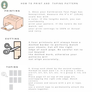 May include: An instructional guide titled HOW TO PRINT AND TAPING PATTERN. It features three sections: PRINTING with a printer icon, CUTTING with scissors, and TAPING with a tape roll icon. The text provides steps for printing, cutting, and assembling paper patterns.