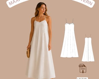 Linen Maxi Summer Dress Sewing Pattern: Camisole Trapeze (PDF) designed with a relaxed A-line silhouette and elegant minimalist style.