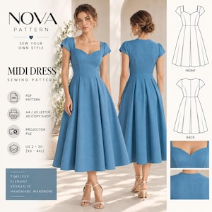 May include: A blue midi dress sewing pattern by Nova Pattern featuring a sweetheart neckline, cap sleeves, and a flared skirt. The image includes front and back views, technical line drawings, and close-ups of the bodice and back details.