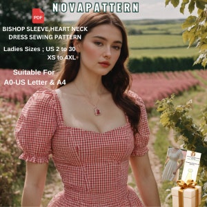 Patrón de costura para vestido con escote en forma de corazón y cinturón hasta la rodilla, apto para tallas A0-A4-US Carta // Tallas de mujer: US 2 a 30 - XS a 4 xL