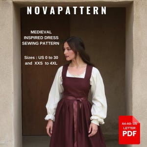 May include: A sewing pattern for a medieval inspired dress. The pattern is available in sizes US 0 to 30 and XXS to 4XL. The pattern is available as a digital download in A4-A0-US letter PDF format.