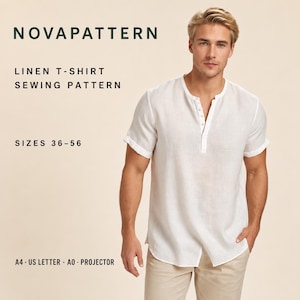 May include: A white linen t-shirt with short sleeves and a partial button-down placket. Text on the image reads NOVAPATTERN LINEN T-SHIRT SEWING PATTERN SIZES 36-56 A4 US LETTER A0 PROJECTOR. The shirt features a rounded hem and a simple collar.