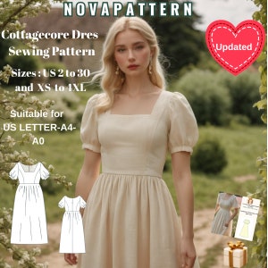 Puede incluir: Un patrón de costura para un vestido cottagecore, con una modelo que lleva un vestido blanco con mangas abullonadas. El patrón está disponible en tallas españolas 34 a 52 y XS a 4XL. El patrón es adecuado para imprimir en papel A4.