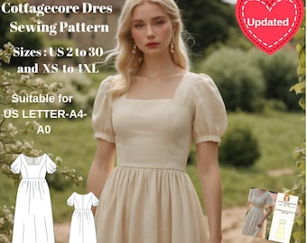 Fairy Cottagecore Dress Pattern,Renaissance,Regency,Gathered Waist Midi Dress,Suitable for A0-A4-US Letter // Sizes; US 2 to 30 // XS to 4XL