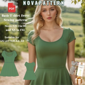 Puede incluir: Un patrón de costura para vestido de camiseta verde, tallas US 2 a 30 y XS a 4XL. El patrón es adecuado para los tamaños de papel US Letter, A4 y A0. La imagen muestra una modelo usando el vestido y un primer plano del patrón.