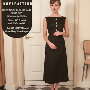 Puede incluir: Una blusa negra sin mangas con cuello de barco y una fila de botones dorados en la parte delantera. La blusa se combina con una falda negra. La imagen incluye el texto "NOVAPATTERN", "BOAT NECK BLOUSE AND SKIRT SET", "SEWING PATTERN", "Sizes: US 0 to 30 and XXS to 4XL", "A4- US LETTER and PrintShop Size Papers".