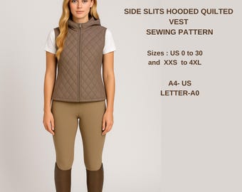 Hooded Quilted Vest Sewing Pattern | Side Slit Puffer Gilet | Equestrian or Outdoor Wear | Easy PDF Sewing Pattern for Women