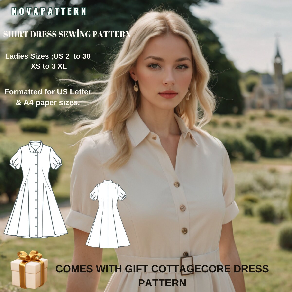 Shirt Dress Pattern Button Down Shirt Collar Dress Patternshort Sleeves a0 A4 US Letter Format ladies Size US 2 to 30 XS to 4XL Etsy