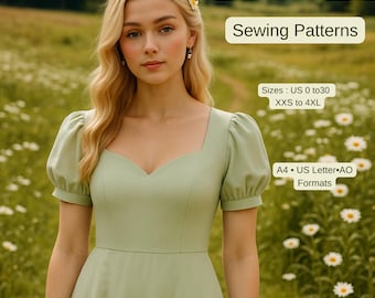 Cottagecore Dress Sewing Pattern | Bishop Sleeve Midi Dress PDF | Romantic heart Neck Dress | Vintage Prairie Style Outfit | DIY Pattern