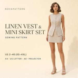 Linen Vest and Skirt Sewing Pattern, Button Front Waistcoat & Mini Skirt Set PDF Pattern A4 A0 US Letter Women US 2-30