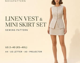 Linen Vest and Skirt Sewing Pattern, Button Front Waistcoat & Mini Skirt Set PDF Pattern A4 A0 US Letter Women US 2-30