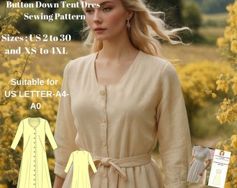 May include: A sewing pattern for a button-down tent dress. The pattern is available in sizes US 2 to 30 and XS to 4XL. The pattern is suitable for US Letter-A4 paper. The image shows a woman wearing a beige dress and a close-up of the dress pattern.