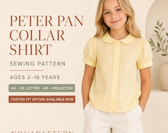 Kid Peter Pan Collar Button Shirt Sewing Pattern, Puff Sleeve Blouse (Ages 2-16)