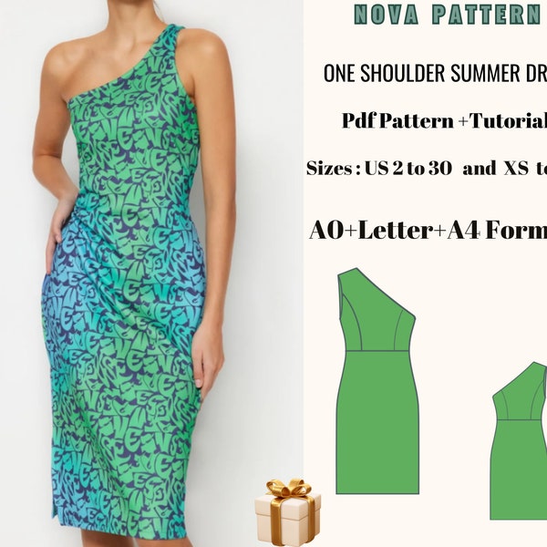 One Shoulder Slip Slit dress pattern|prom dress pattern|wedding dress pattern|cocktail dress|A0- A4- US Letter,US 2 to 30 (XS to 4XL)