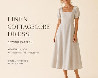 Naaipatroon voor een cottagecore jurk, midi-jurk met vierkante hals en pofmouwen, romantische linnen jurk met aansluitende taille en uitlopende rok, maten US 2-30, A4 A0 US Letter