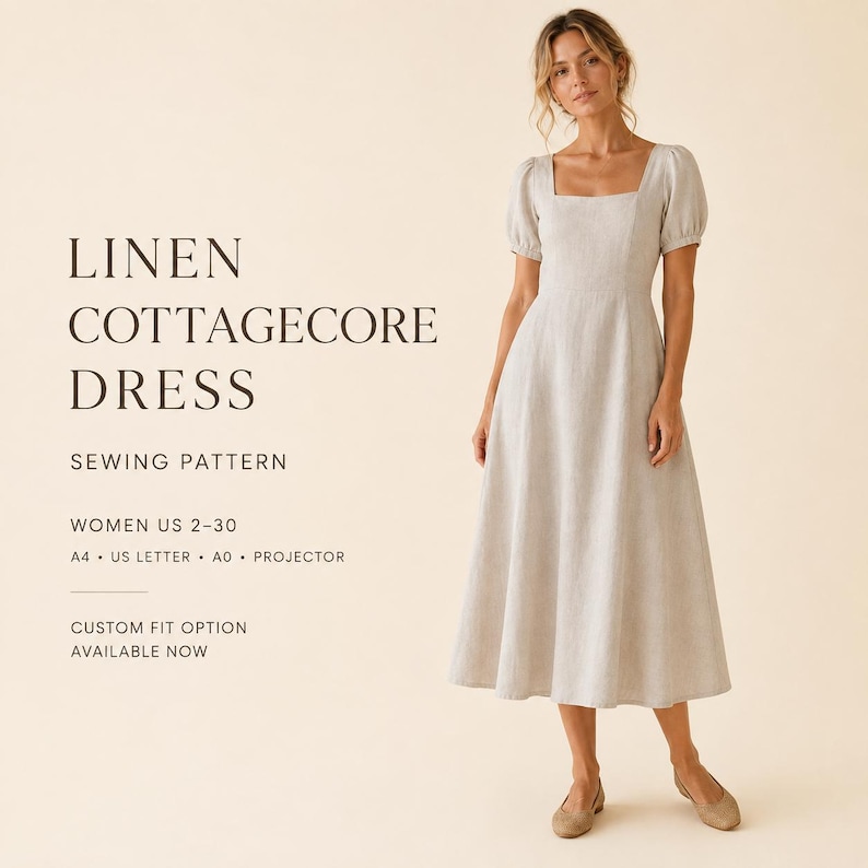 May include: A beige midi dress with short puff sleeves and a square neckline. The text reads: LINEN COTTAGECORE DRESS SEWING PATTERN, WOMEN US 2-30, A4, US LETTER, A0, PROJECTOR, CUSTOM FIT OPTION AVAILABLE NOW. The dress has a fitted bodice and skirt.