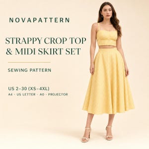 May include: A yellow and white gingham strappy crop top and midi skirt sewing pattern set by NOVAPATTERN. The text includes US 2-30 (XS-4XL) sizing and formats for A4, US Letter, A0, and projector. The set features a fitted top and skirt.