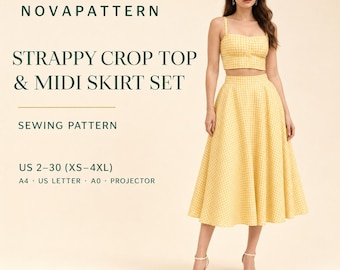 Cottagecore Crop Top and Midi Skirt Sewing Pattern, Two Piece Summer Outfit Pattern PDF A4 US Letter A0 US 2–30