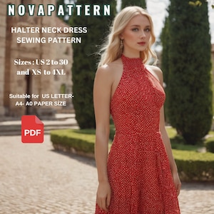 Patrón de costura para vestido de hada con cuello halter, talla de mujer; EE. UU. 2 a 30 // XS a 4XL /// Tamaños de papel para formularios Carta-A4-A0 - Descarga inmediata
