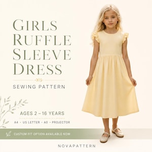 May include: A sewing pattern for a girls ruffle sleeve dress, featuring text that reads GIRLS RUFFLE SLEEVE DRESS SEWING PATTERN, AGES 2-16 YEARS, A4, US LETTER, A0, PROJECTOR, and CUSTOM FIT OPTION AVAILABLE NOW, with a pale yellow dress shown.