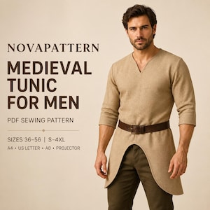 Può includere: Una tunica beige con maniche a tre quarti e scollo a V, indossata con una cintura in pelle marrone sopra pantaloni scuri. Testo: NOVAPATTERN MEDIEVAL TUNIC FOR MEN PDF SEWING PATTERN SIZES 36-56 | S-4XL A4 • US LETTER • A0 • PROJECTOR.
