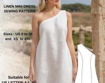 One Shoulder Linen Mini Dress Sewing Pattern, Asymmetrical Summer Silhouette (PDF Download)