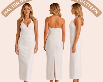 Halter Neck Midi Dress Sewing Pattern PDF, Backless Fitted Dress Pattern, Elegant Bodycon Dress with Slit, Evening Dress XS–4XL