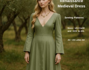 Renaissance Medieval Cosplay Dress and Corset Pattern,Fairy,Regency,Elvish dress,Maxi Dress,Halloween costume , A0 A4 US Letter-US 2 to 30