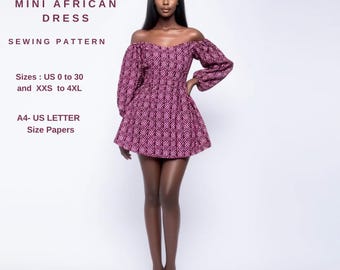 Off Shoulder Mini Dress Sewing Pattern | Ankara Print African Dress | Puff Sleeve Party Outfit | PDF Sewing Pattern for Women
