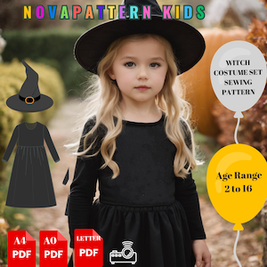 Peut inclure: Un patron de couture pour un costume de sorcière noir pour enfants, de 2 à 16 ans. Le patron comprend une robe et un chapeau. Le patron est disponible en tailles A4, A0 et Letter. Le patron est au format PDF.