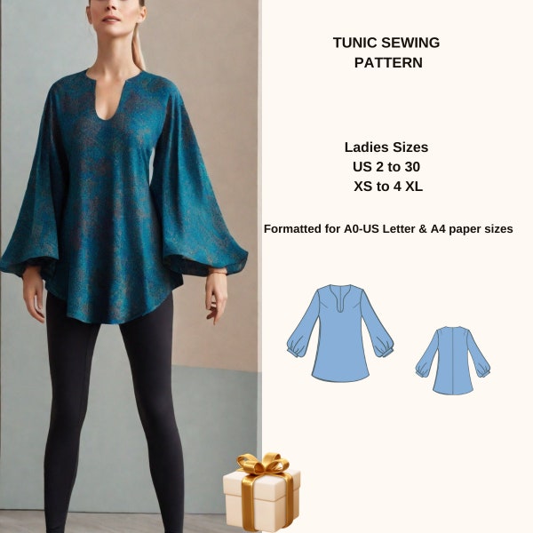 Tunic nightgown Sewing Pattern -A0- A4 -US Letter-US 2 to 30