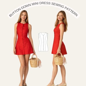Naaipatroon mini-jurk met knopen | Mouwloze A-lijn zomerjurk | Eenvoudig pdf-patroon voor dames | Zelfgemaakte linnen jurk Amerikaanse maat 2-30 (pdf)