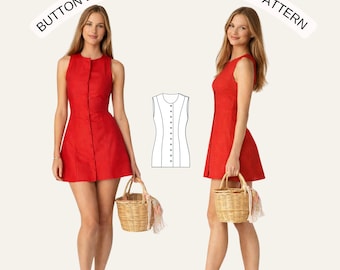 Button Down Mini Dress Sewing Pattern | Sleeveless A Line Summer Dress | Easy PDF Pattern for Women | Linen Dress Diy  US Size 2-30 (PDF)
