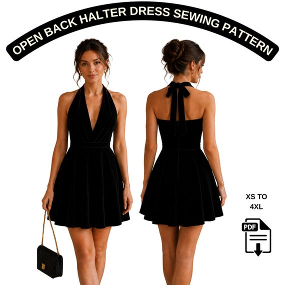 open back halter dress pattern Sewing | Elegant Evening Mini Dress | Backless Party Outfit | PDF Sewing Pattern for Women | Modern Style collection_combi:petite
