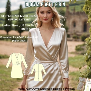 Patrón de costura para vestido de satén con escote cruzado, variedad de opciones de tamaño: EE. UU. 2 a 30 y XS a 4XL, adecuado para papel de formato A0, A4 y carta de EE. UU.