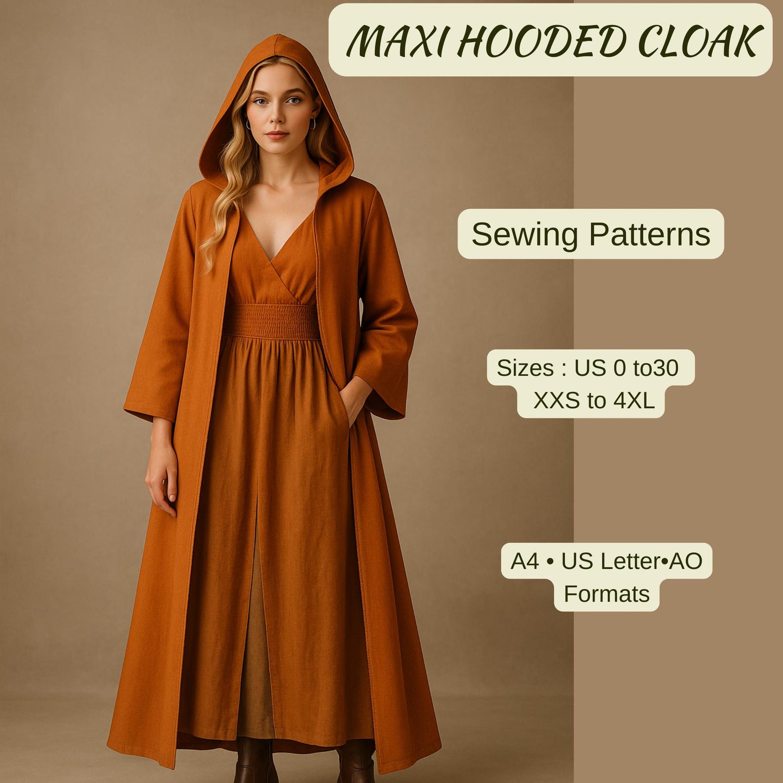 Cloak Rag Maxi Hooded Cloak Sewing Pattern | Long Cape Coat With Hood | Medieval ...