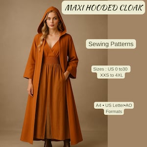 May include: A woman wearing a rust-colored maxi hooded cloak and dress. The cloak has a hood and long sleeves. The dress has a V-neck and a gathered waist. The image includes text that says "MAXI HOODED CLOAK" and "Sewing Patterns". Sizes are US 0 to 30, XXS to 4XL.