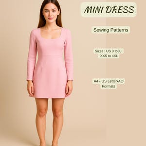 Patron de couture pour mini robe à manches longues | Moulante à encolure carrée | Tenue de soirée élégante ou décontractée | Patron de couture PDF facile pour femme