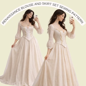 Può includere: Un modello di cucito per un completo di camicetta e gonna rinascimentale color crema. La camicetta presenta uno scollo quadrato, dettagli in pizzo e maniche a sbuffo. La gonna è un design ampio e fluido. Il testo "RENAISSANCE BLOUSE AND SKIRT SET SEWING PATTERN" è arcuato sopra.
