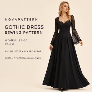 Puede incluir: Un vestido negro largo hasta el suelo con mangas largas de encaje y escote corazón. El texto dice: NOVAPATTERN GOTHIC DRESS SEWING PATTERN, WOMEN US 2-30, XS-4XL, A4, US LETTER, A0, PROJECTOR, CUSTOM FIT OPTION AVAILABLE NOW.